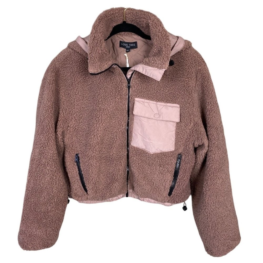 Cozy Teddy Cropped Jacket Hooded MockNeck Zip Front Sherpa Rose Taupe Womens S